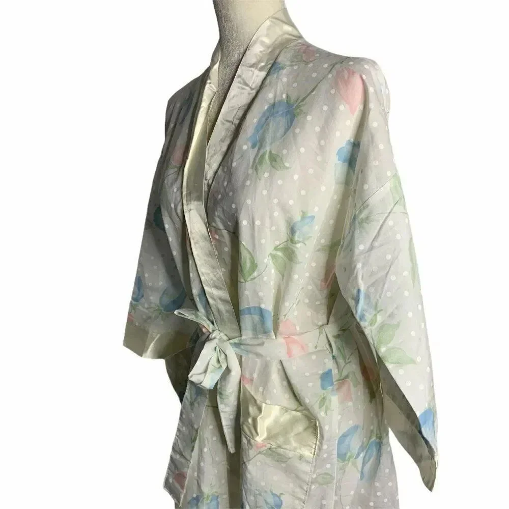 Vintage Long Floral Belted Robe S White Polka Dots